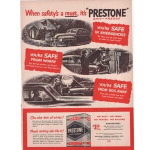 Prestone AntiFreeze Magazine Advertisement 1950s Vintage Car Automobilia Gas Oil